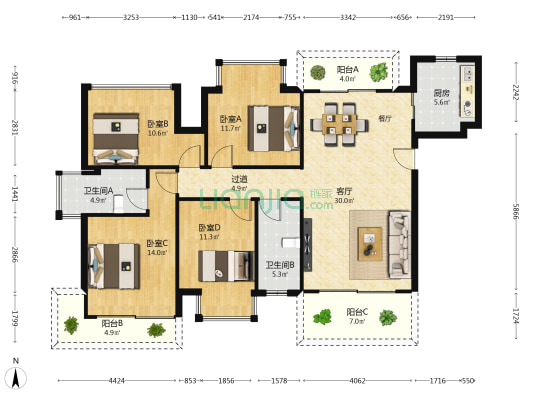 江南御景 4室1厅2卫 128平方