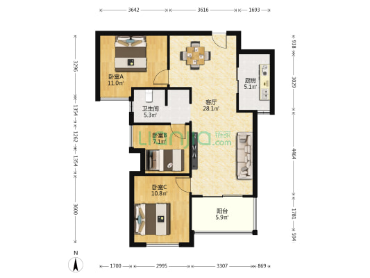金地铂悦 3室1厅1卫 94平方