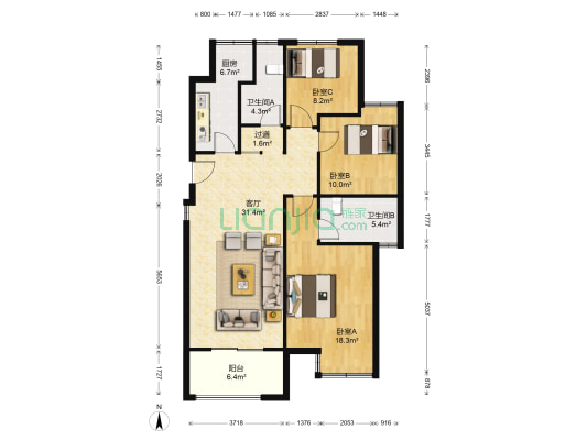 亿丰时代广场 3室1厅2卫 121平方