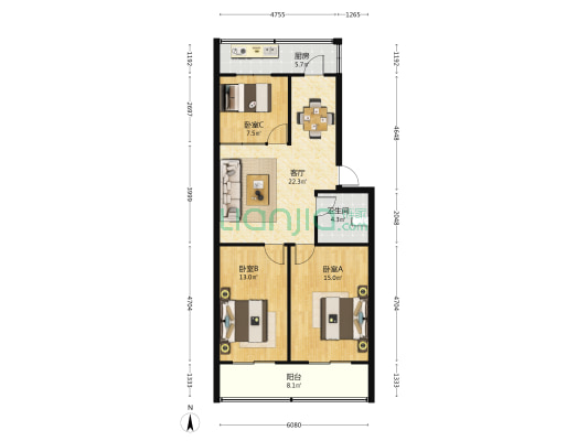 木材公司家属院 3室1厅1卫 91平方