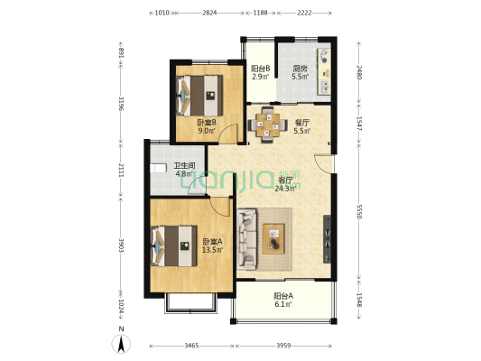 都市府邸(公寓) 2室2厅1卫 89平方
