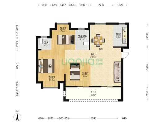 世茂云珑 3室1厅2卫 100平方