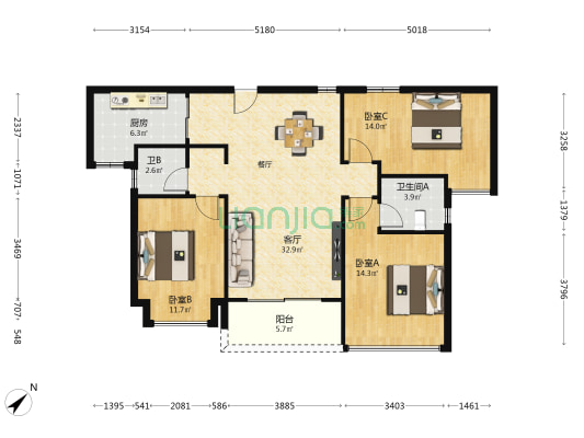 珠光里程 3室1厅2卫 115平方