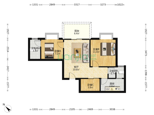 家富华府 3室1厅2卫 76平方