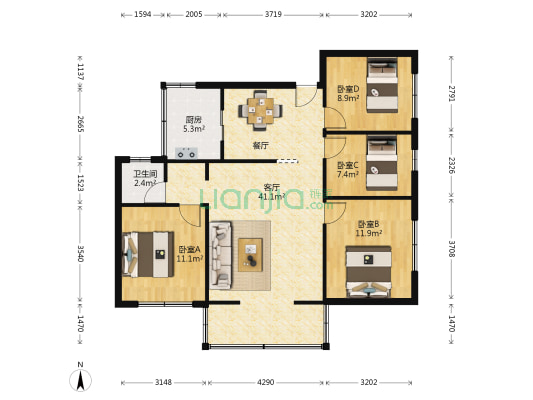 文化局宿舍 4室1厅1卫 95平方