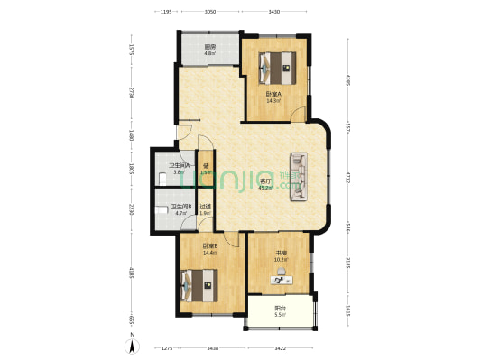 新兴小区二期 3室1厅2卫 126平方