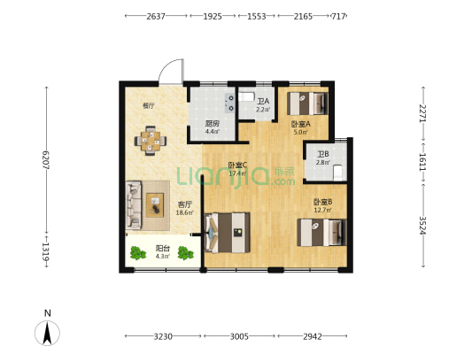 鸿翔云望 3室1厅2卫 89平方