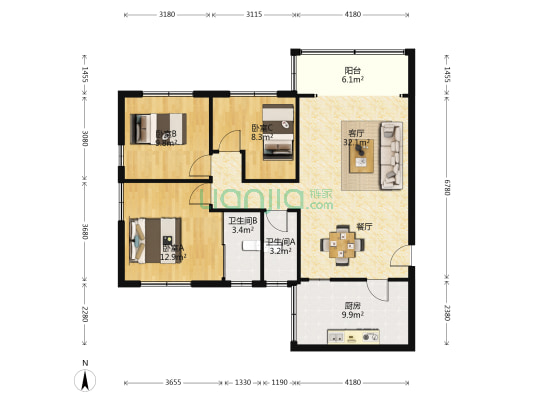 富达花园 3室1厅2卫 97平方