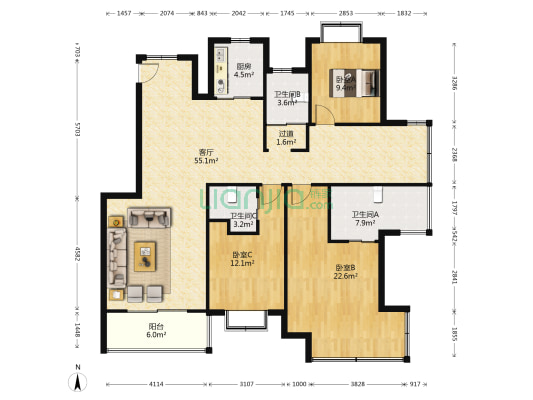 绿地天空树南区 3室1厅3卫 124平方