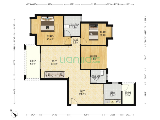 蜀青丽晶府 2室2厅2卫 91平方