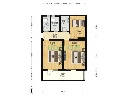 宣武门外东里 3室0厅2卫 66平方