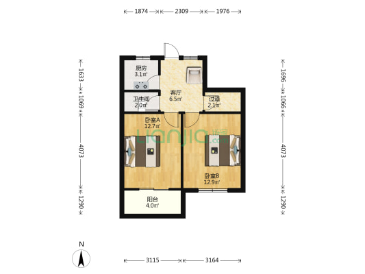康山路12号 2室1厅1卫 58平方