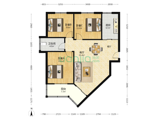 鲁班大厦 3室1厅1卫 113平方