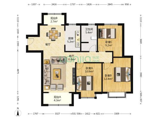 鑫苑世家公馆文锦苑 3室1厅1卫 114平方