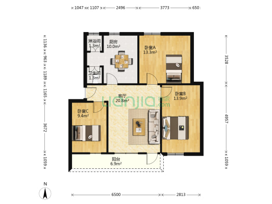 龟岭街4号 3室1厅2卫 88平方