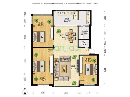 云南工艺美术学校教工住宅 3室2厅2卫 90平方