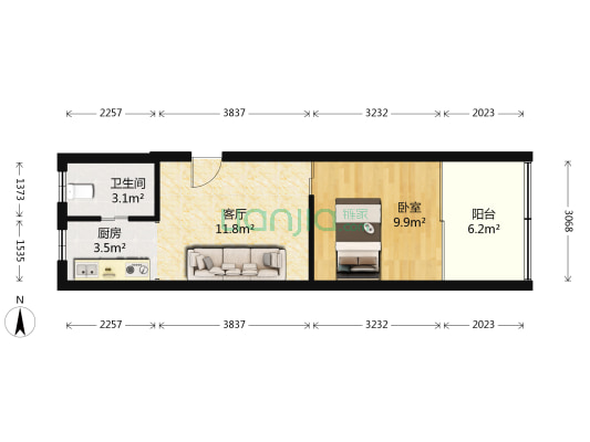 江城路393号 1室1厅1卫 44平方
