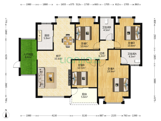 智弘银城绿洲 4室1厅2卫 141平方