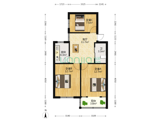 试弄住宅 3室1厅1卫 64平方