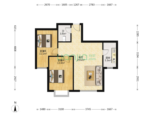 塔冢裕园A区 2室1厅1卫 85平方