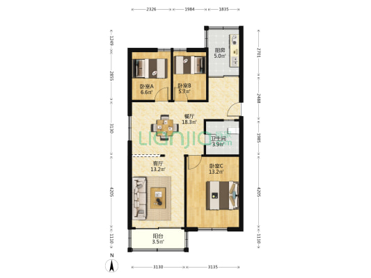 海盈新村 3室2厅1卫 86平方