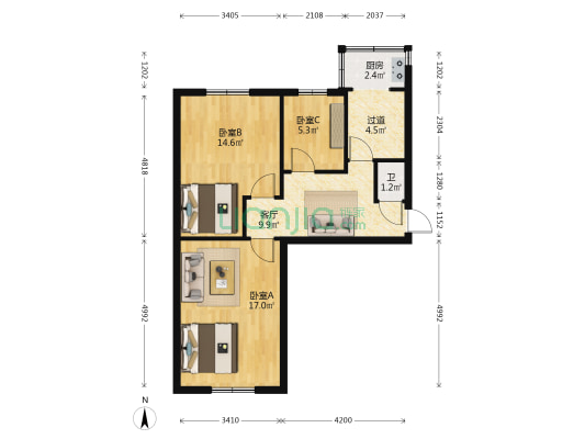 山西化学纤维研究所住宅小区 3室1厅1卫 70平方