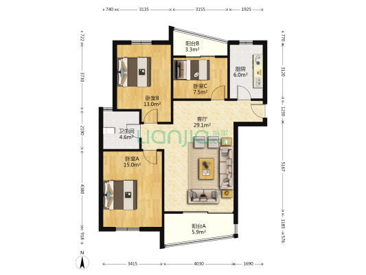 心中家园 3室1厅1卫 105平方