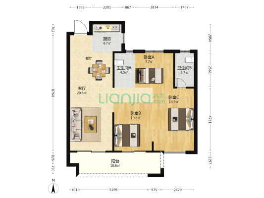 大东海融江府 3室1厅2卫 107平方