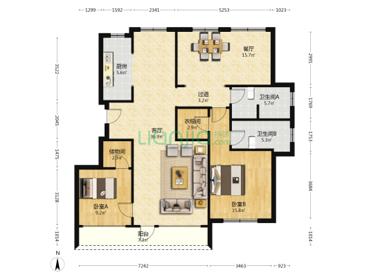 绿城蘭园 2室2厅2卫 136平方