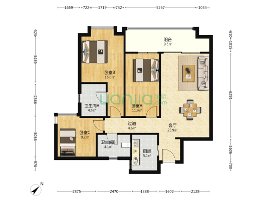 世茂璀璨天城 3室1厅2卫 113平方