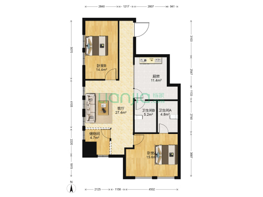 珍兴国际大厦 2室1厅2卫 116平方