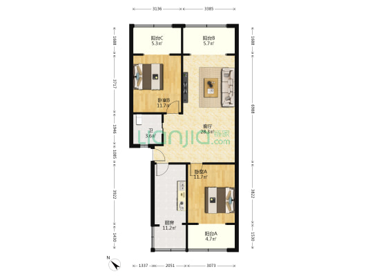 邮政宿舍 2室1厅1卫 87平方