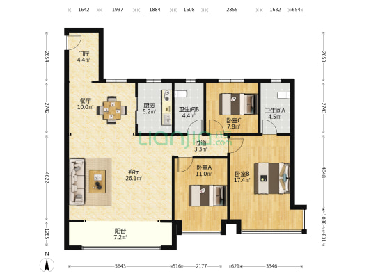 中天宸悦一期 3室2厅2卫 135平方