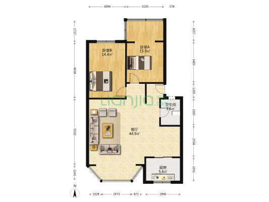 聚贤公寓 2室1厅1卫 100平方