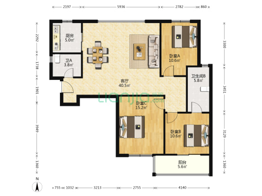 国大花园 3室1厅2卫 132平方