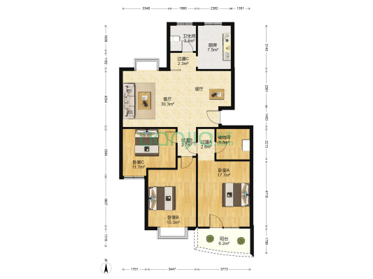 恒丰大厦C座 3室1厅1卫 133平方