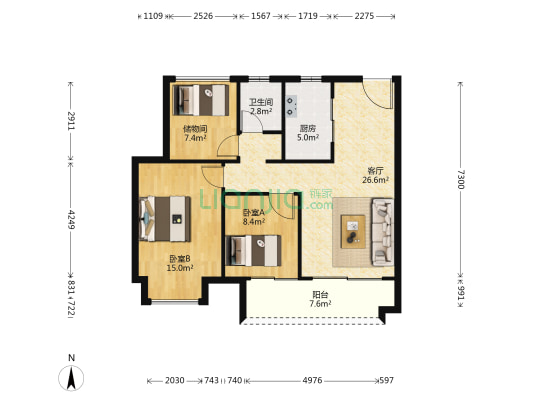 禧苑 2室1厅1卫 91平方
