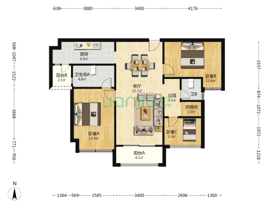 恒大轨道时代一期 3室1厅2卫 106平方
