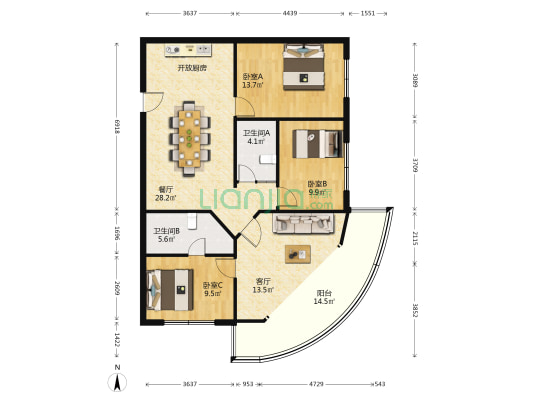 南天公寓 3室2厅2卫 136平方