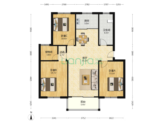 北海花园南区 3室1厅1卫 113平方
