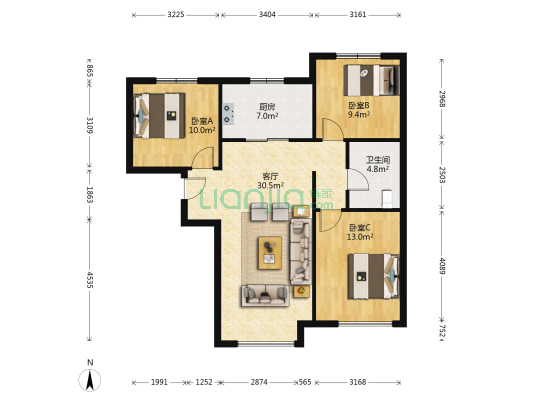 全屋进口材料乐华梅兰设计精装修南北通透三居室拎包住-户型图