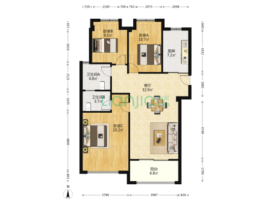 艾盛春天里 3室1厅2卫 114平方