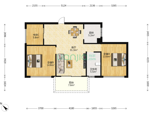 华盛中央公园 3室1厅1卫 106平方