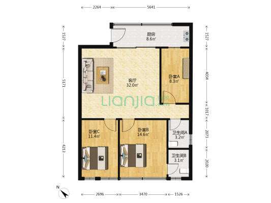 彩虹大厦 3室1厅2卫 105平方