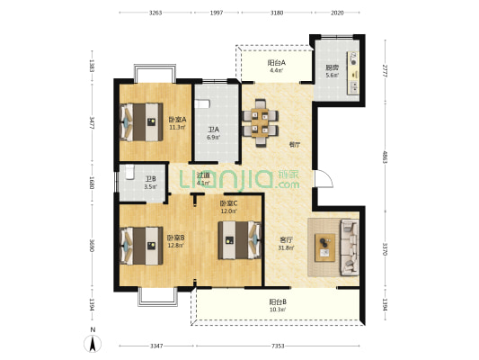 书香曼城 3室1厅2卫 124平方