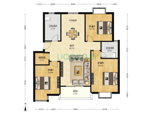 三家浜公寓采菱苑 3室1厅2卫 120平方