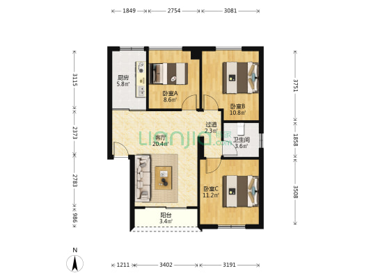 113中学宿舍 3室1厅1卫 90平方
