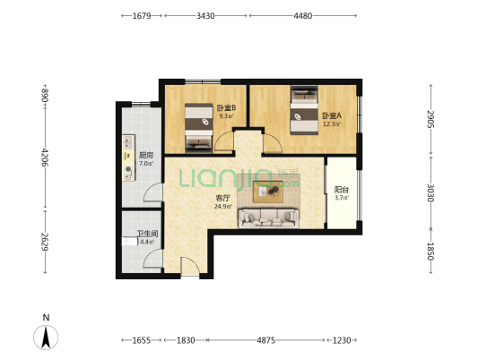 本房子在德信公园北侧 东北户型两居室-户型图