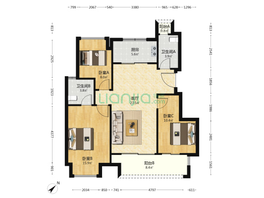 万科城市花园博阅 3室1厅2卫 101平方