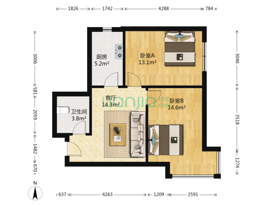 优特区 2室1厅1卫 66平方